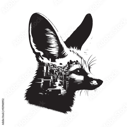 silhouette of Fennec fox, filled with ghetto street in rough drawing,