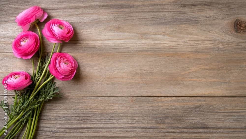 A rustic wooden background with pink ranunculus flowers, providing an organic and natural backdrop