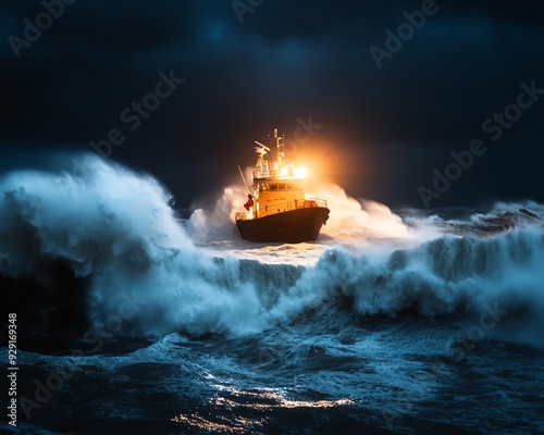 A rescue boat battling massive waves, illuminated by the lighthouse beacon, heading towards a ship in distress