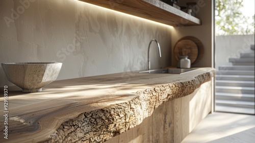 A kitchen counter made from a large piece of wood with a natural, distressed texture. A sink with a faucet is installed on the counter.
