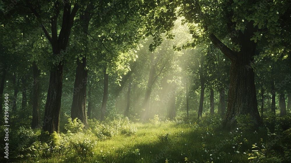 Sunbeams Through the Woods: A picturesque path winds through a lush, verdant forest, bathed in the warm glow of sunlight filtering through the canopy Sunbeams Through the Woods: A picturesque path winds through a lush, verdant forest, bathed in the warm glow of sunlight filtering through the canopy