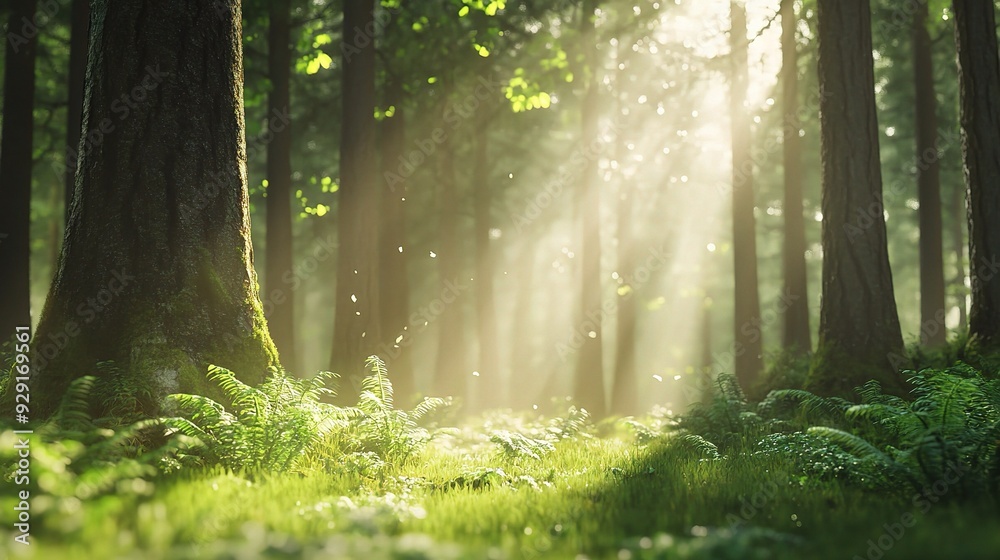 Obraz premium Sunlit Forest Sanctuary: Tranquil morning light bathes a lush green forest, illuminating a verdant path amidst towering trees. 