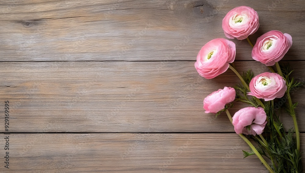 A rustic wooden background with pink ranunculus flowers, providing an organic and natural backdrop A rustic wooden background with pink ranunculus flowers, providing an organic and natural backdrop