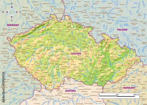 Detailed physical map of Czechia