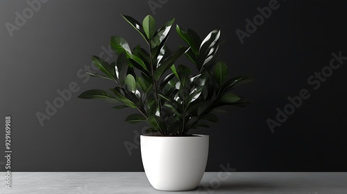 A potted plant with large, glossy green leaves stands on a light gray surface against a dark gray background.