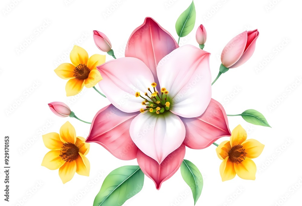 Wtercolor flower isolated on white background. A vibrant yellow and orange lotus flower with green leaves, against a white background Wtercolor flower isolated on white background. A vibrant yellow and orange lotus flower with green leaves, against a white background