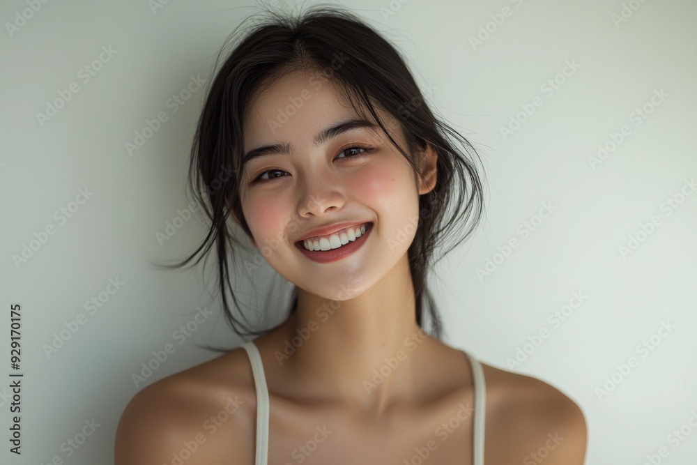 Beautiful young Asian woman smiling and happy created with Generative AI Beautiful young Asian woman smiling and happy created with Generative AI