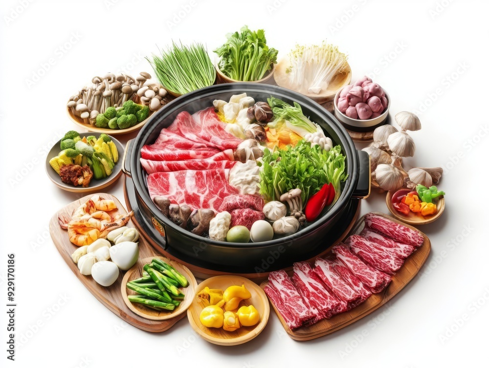 Shabu feast, communal hot pot surrounded by fresh ingredients, white background, 3D illustration Shabu feast, communal hot pot surrounded by fresh ingredients, white background, 3D illustration