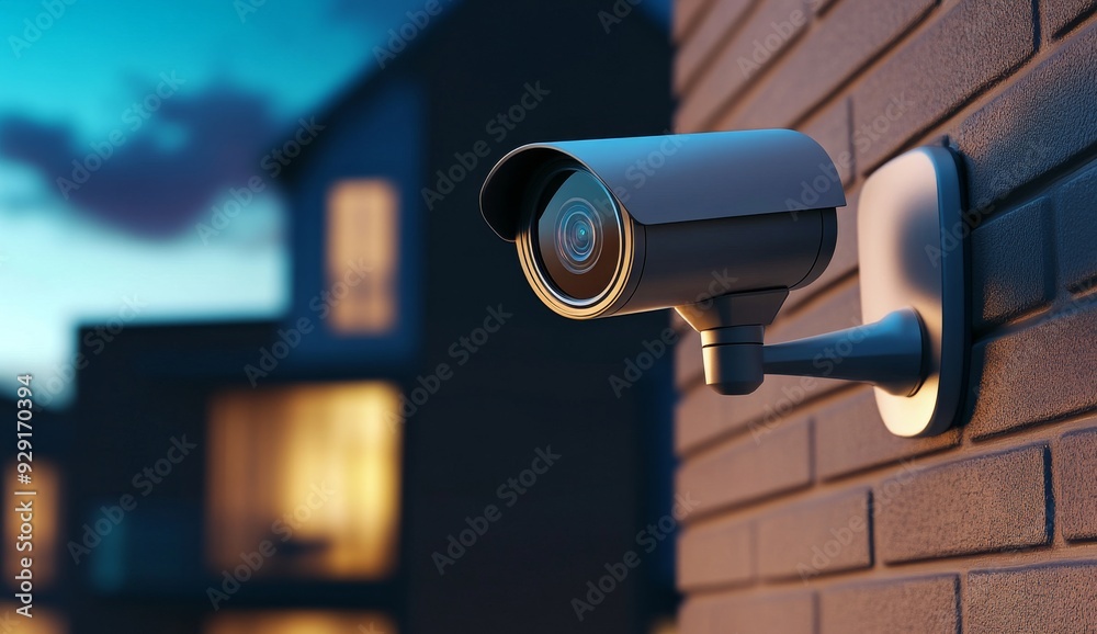 Security camera mounted on the side of an urban house at night Security camera mounted on the side of an urban house at night