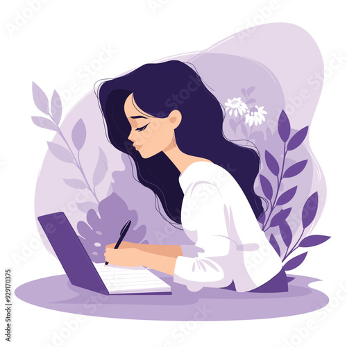 Elegant illustration of a woman with dark hair writing in a notebook, purple leaves in the background.
