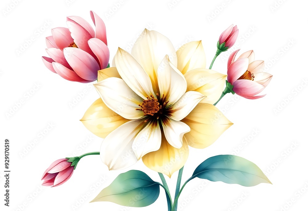 Fototapeta premium Wtercolor flower isolated on white background. A vibrant yellow and orange lotus flower with green leaves, against a white background