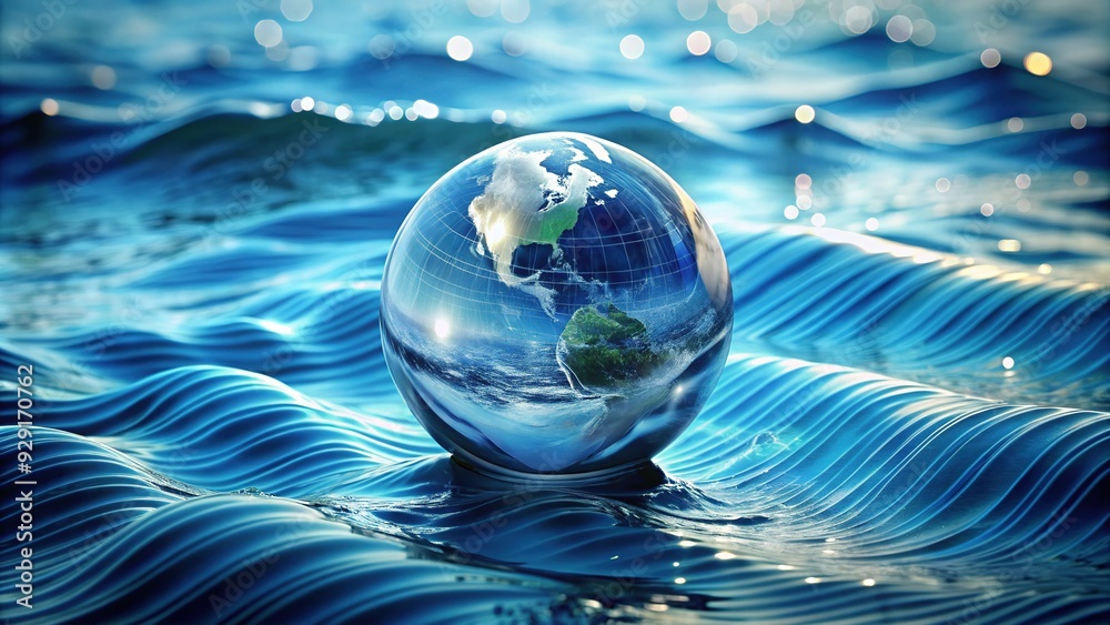 Transparent globe surrounded by waves and binary code, symbolizing the intersection of water conservation and data analysis in modern environmentalism. Transparent globe surrounded by waves and binary code, symbolizing the intersection of water conservation and data analysis in modern environmentalism.
