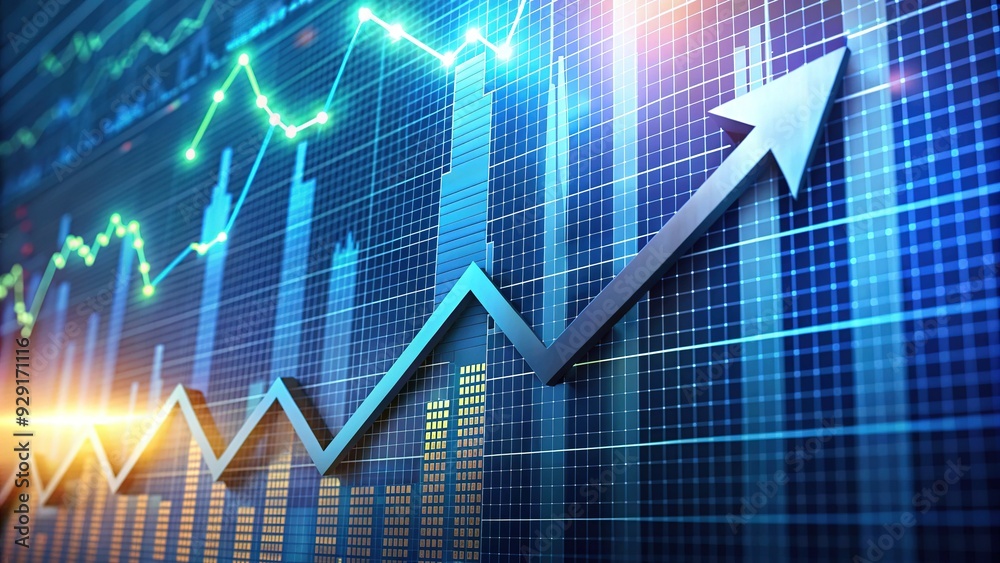 Trendy arrow pattern rising rapidly on a stock market graph, symbolizing growth, speed, and success in dynamic financial trading and investment strategies.