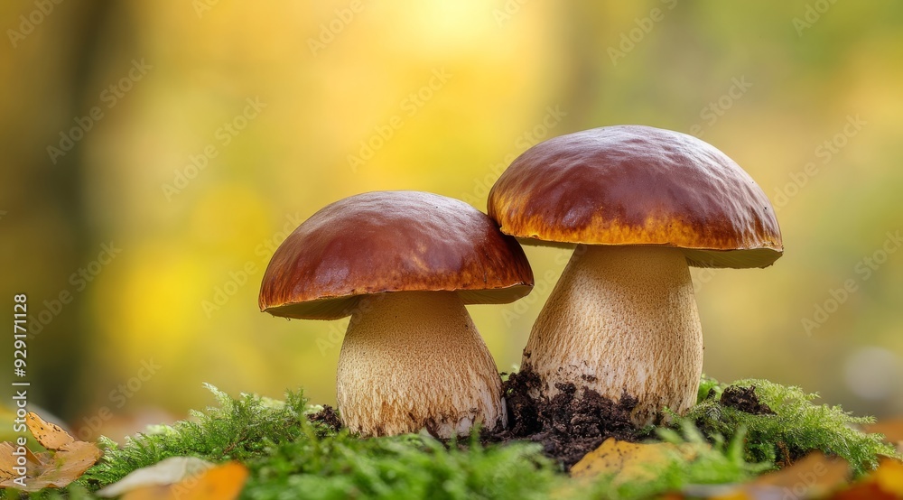 Two bright mushrooms rest on lush moss, showcasing natures beauty during the enchanting fall season Two bright mushrooms rest on lush moss, showcasing natures beauty during the enchanting fall season