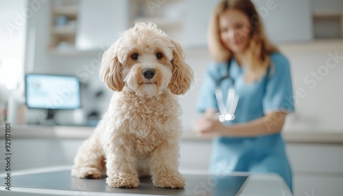 Adorable poodle dog on vet table with veterinarian in the background, providing healthcare in a modern clinic.