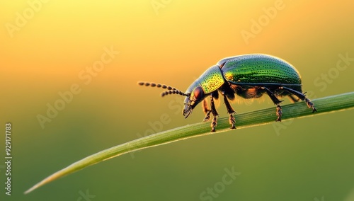 A green beetle crawls on a blade of grass.