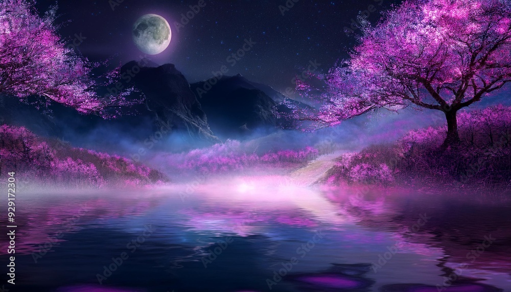 Fototapeta premium 華麗な夜桜の風景にミステリアスな霧を表現し、幻想的な春の香りを漂わせる Generated by AI