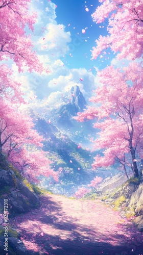 Enchanted anime-style Spring Dream: A Vivid Cherry Blossom Wonderland with Magical Natural Elements for Travel Posters and 4K Wallpapers,Anime-Style,illustration,Picture BooksFor Poster,Novel,UI,WEB,G