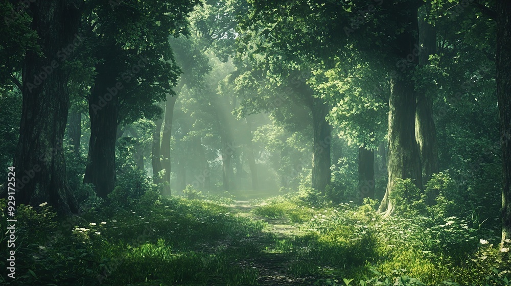 Fototapeta premium Mystical Forest Path: A sunbeam pierces through a dense canopy of trees, illuminating a path that leads into the heart of an enchanted forest. 