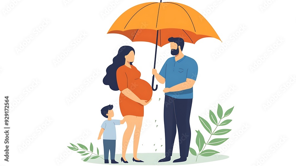 A pregnant woman, a man, and a boy stand under a large orange umbrella with green leaves in the background. A pregnant woman, a man, and a boy stand under a large orange umbrella with green leaves in the background.