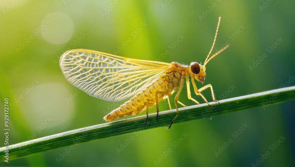 Yellow insect with transparent wings on a blade of grass. Yellow insect with transparent wings on a blade of grass.