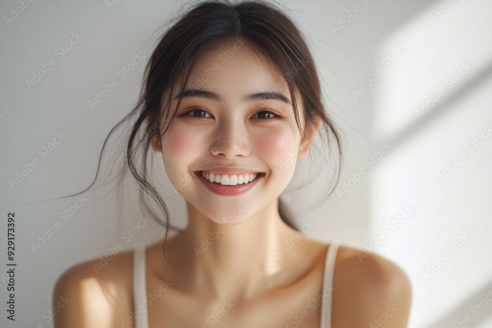 Beautiful young Asian woman smiling and happy created with Generative AI Beautiful young Asian woman smiling and happy created with Generative AI