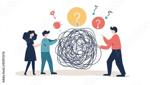 Team problem solving concept with three people untangling large knot