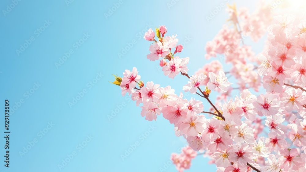 Beautiful pink sakura blossoms in full bloom against a clear blue sky, symbolizing springtime. Beautiful pink sakura blossoms in full bloom against a clear blue sky, symbolizing springtime.