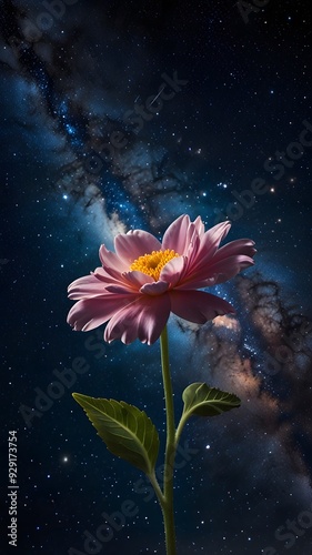 A single flower with petals of stardust, glowing a deep midnight blue sky the background is filled with swirling galaxies and stars a cosmic otherworldly feel concepts theme