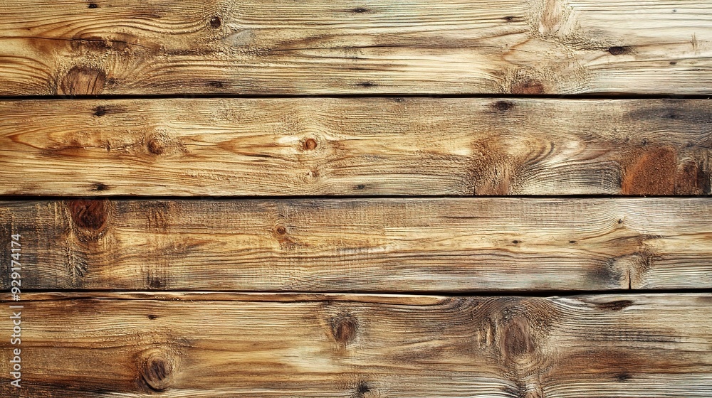Naklejka premium Rustic Wooden Texture: A close-up shot of weathered wood planks, showcasing the natural beauty of wood grain and texture in warm, earthy tones. 