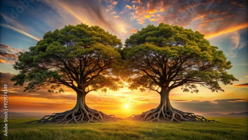 Two interconnected trees with roots merged together, symbolizing strong alliance, mutual support, and collaborative success in a serene natural landscape at sunset.