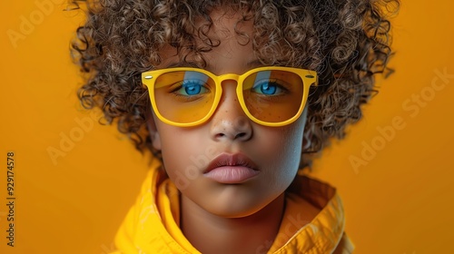 Young boy with sporty glasses Posing energetically against a solid pastel orange backdrop Action shot Bright, lively lighting Casual, athletic clothing photo