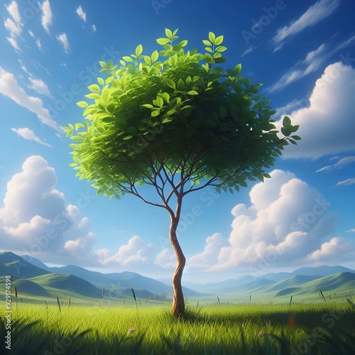 A small tree in a grassy field under a blue sky.