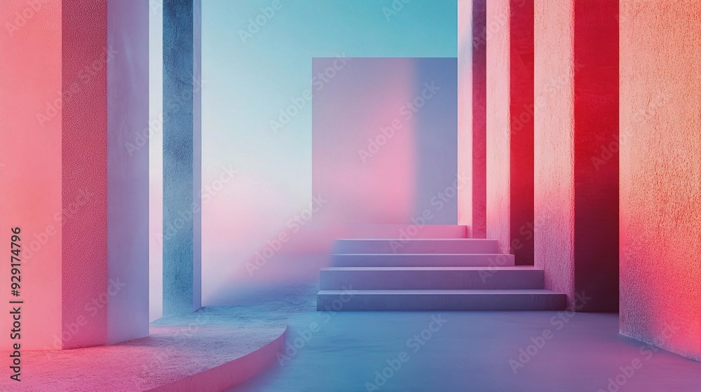 Fototapeta premium Neon Dreamscape: A surreal, futuristic space illuminated by vibrant hues of pink and blue, featuring geometric structures and a mysterious, smoky atmosphere.