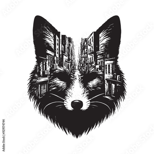 silhouette of Fox, filled with ghetto street in rough drawing,