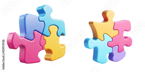3D icon of a colorful puzzle piece fitting into place, white isolated background for clipping
