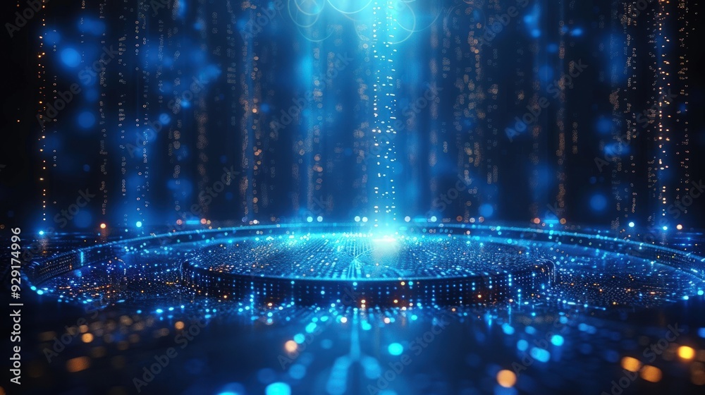 Obraz premium A 3D rendered image of a stage with blue spotlights and sparkling glitter.