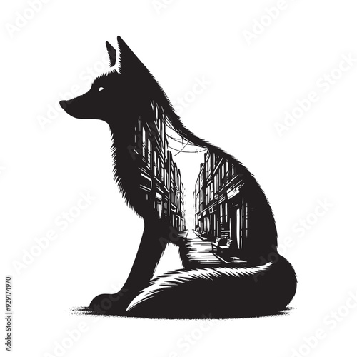 silhouette of Fox, filled with ghetto street in rough drawing,