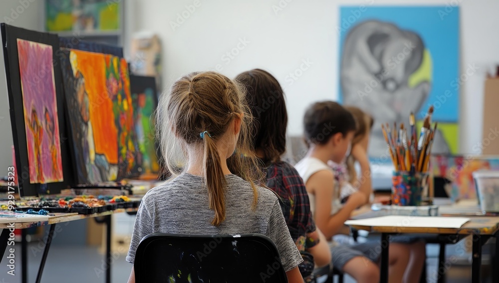 Children in an art class, painting. Children in an art class, painting.