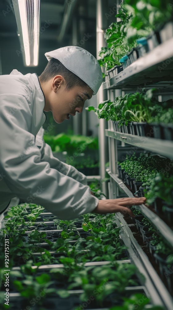 A young man sorts and nurtures seedlings on shelves in a vibrant indoor nursery A young man sorts and nurtures seedlings on shelves in a vibrant indoor nursery