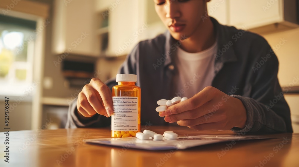 A person carefully sorts out pills from a bottle while seated at a kitchen table A person carefully sorts out pills from a bottle while seated at a kitchen table