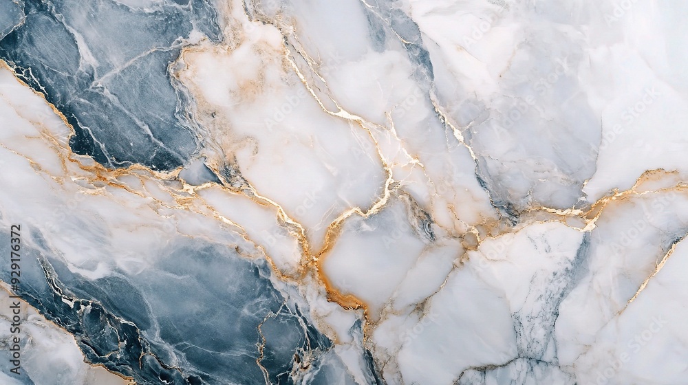 Elegant Marble Texture with Gold Veins:  A close-up shot showcasing the intricate beauty of marble with a unique, elegant blue and white color palette, accented by shimmering gold 