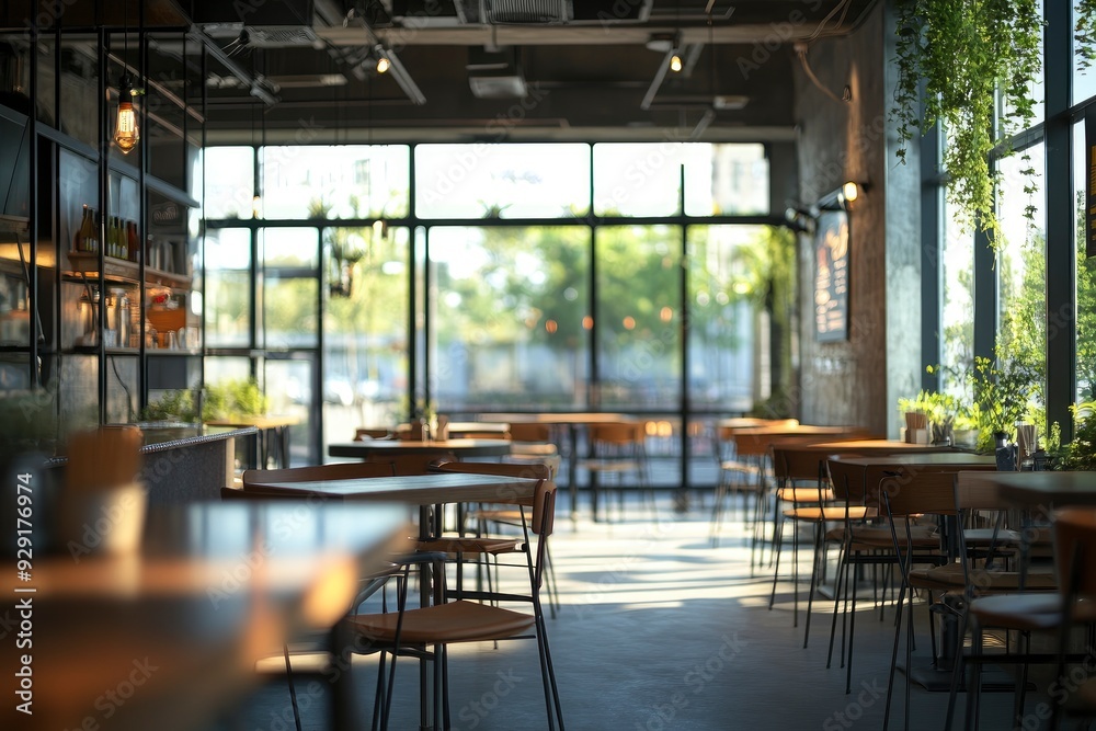 Blur background of modern cafeteria with industrial design, round tables, and large windows. Restaurant with bar and table. with generative ai Blur background of modern cafeteria with industrial design, round tables, and large windows. Restaurant with bar and table. with generative ai