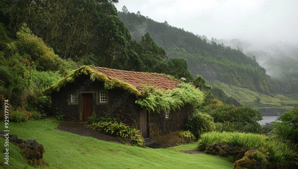 Stone house with moss covered roof in a misty forest. Stone house with moss covered roof in a misty forest.