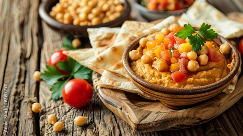 Hummus with Chickpea, Vegetable Topping, and Pita Bread on a Rustic Wooden Background