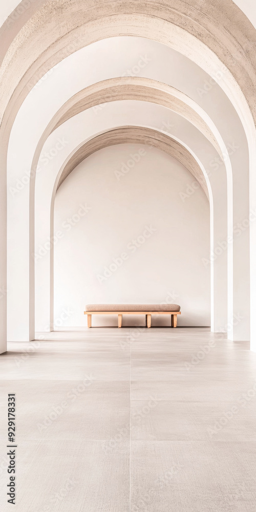 Arched minimalist living room with bench and layered architecture Arched minimalist living room with bench and layered architecture