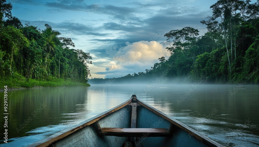 Boat on misty river surrounded by jungle. Boat on misty river surrounded by jungle.