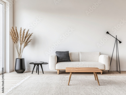 Minimalist Living Room with Beige Sofa and Wooden Coffee Table photo