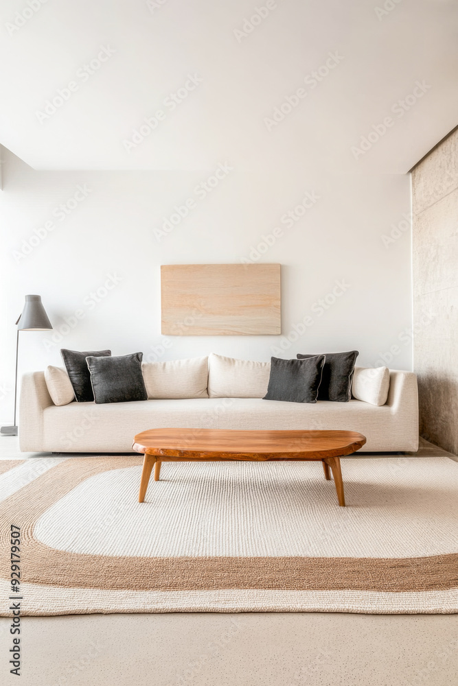 Fototapeta premium Modern living room with wooden coffee table and neutral decor
