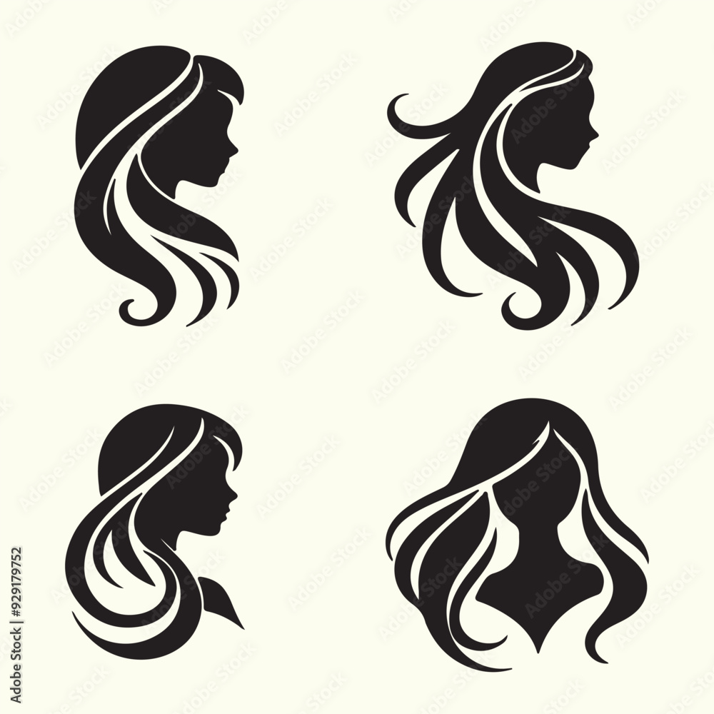 A vector illustration showcases a set of glamorous women faces with long hair, a stylish design in black and white A vector illustration showcases a set of glamorous women faces with long hair, a stylish design in black and white